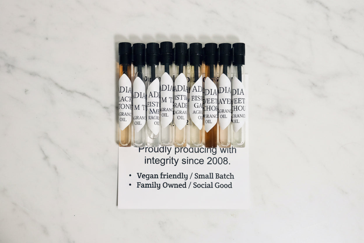 Adia Oils Ultimate Collection sample vials – vegan and long-lasting fragrances.