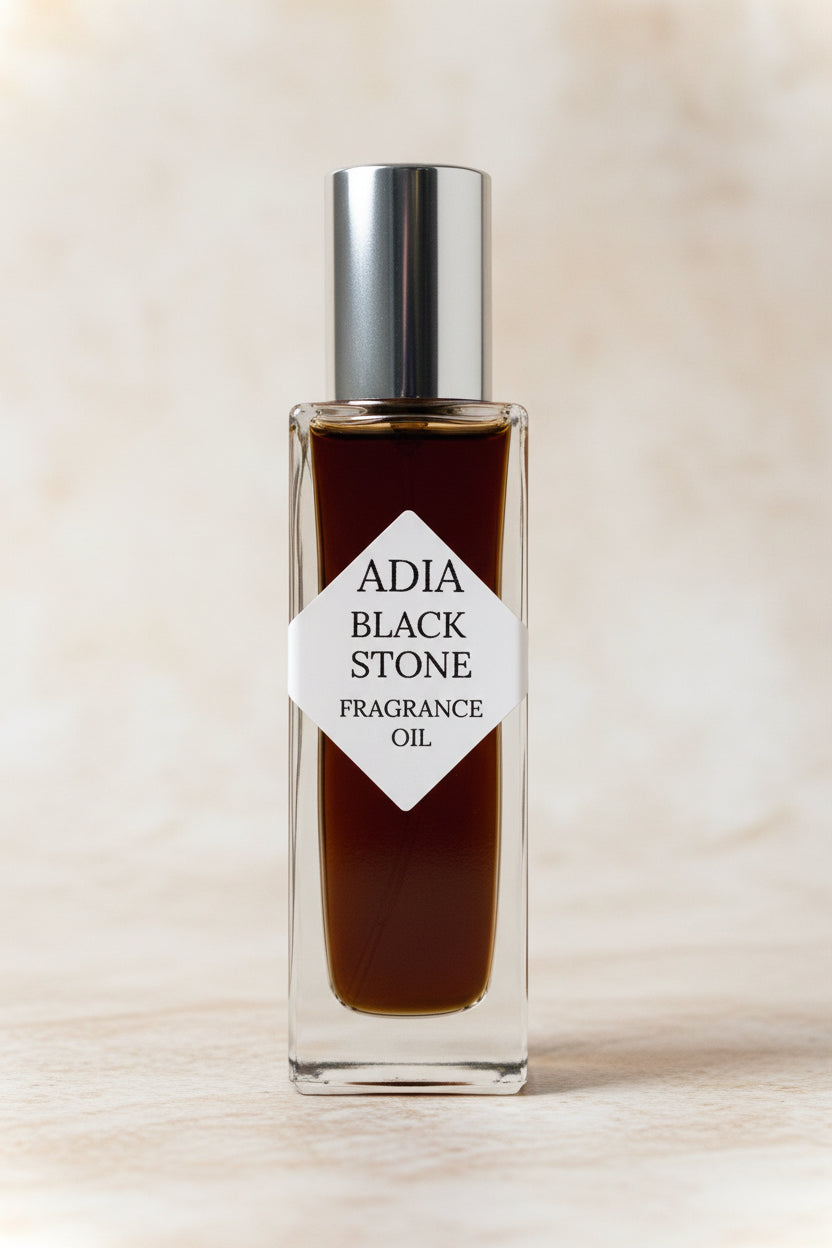 Travel-friendly natural fragrance oil in a square shaped roll-on bottle made with a clean essential oil blend that is deep, dark, and powerful.